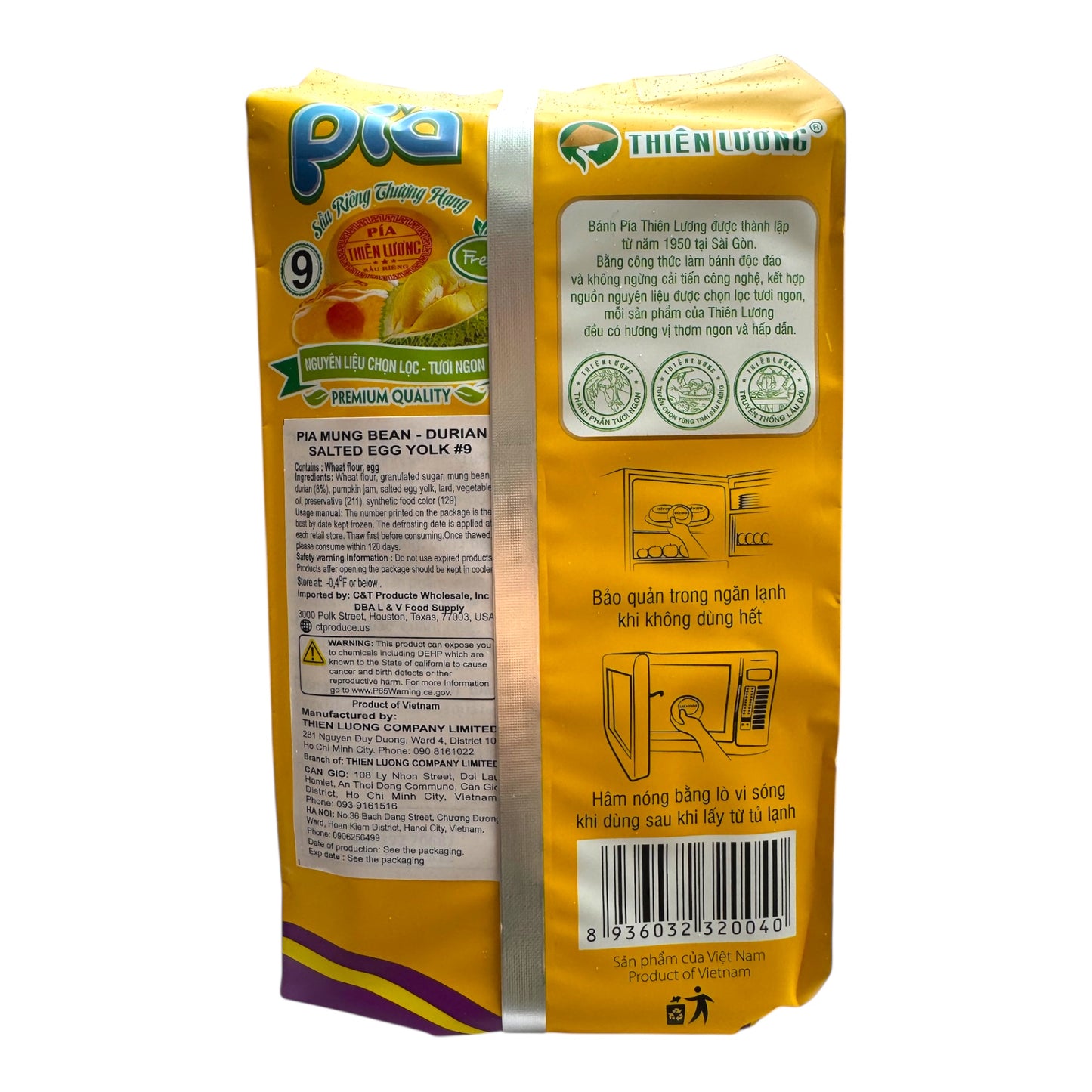 Thien Luong Premium Durian Mung Bean Salted Egg Yolk Pia Cake/Banh Pia Sau Rieng Dau Xanh Trung Muoi (9 Pcs)