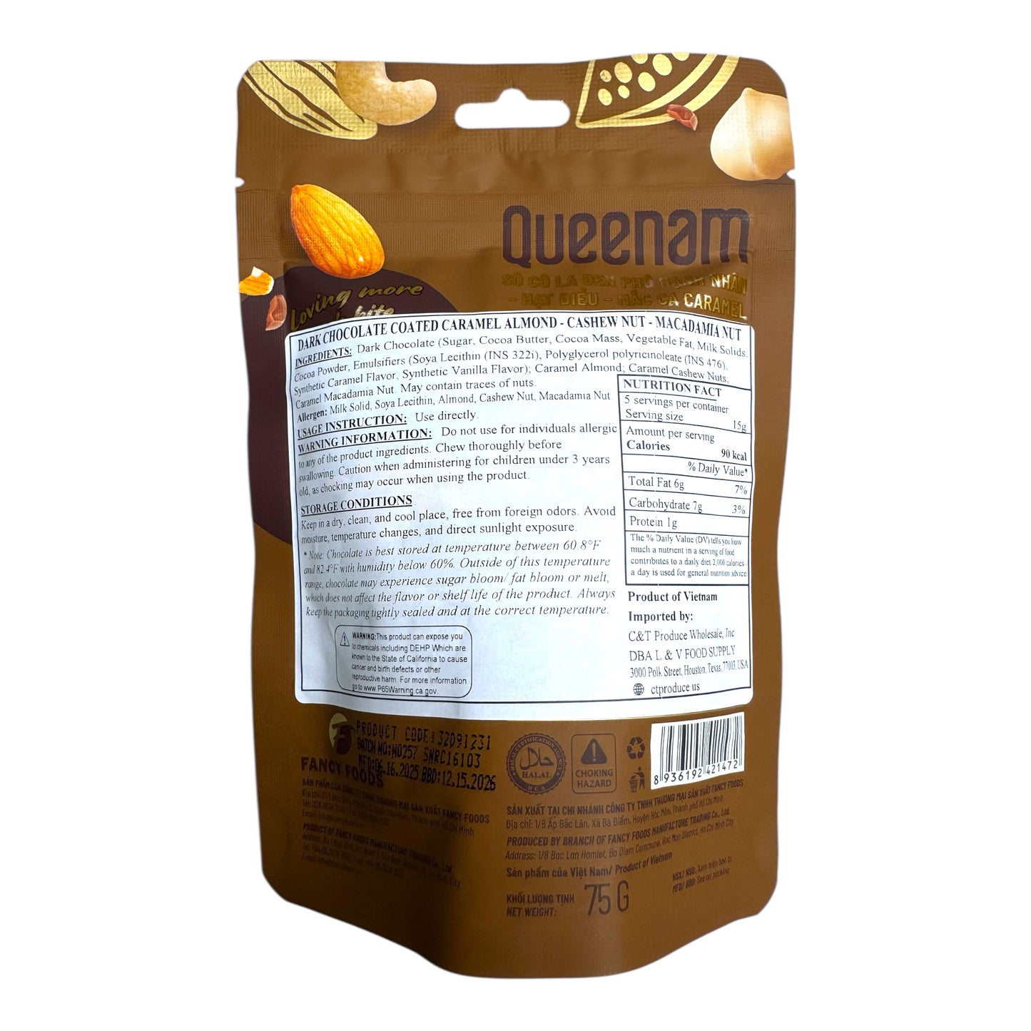 Queennam - Dark Chocolate Coated Caramel Almond & Cashew & Macadamia Nut/Socola den phu caramel hanh nhan, hat dieu, mac ca – 2.64 oz (75 g)
