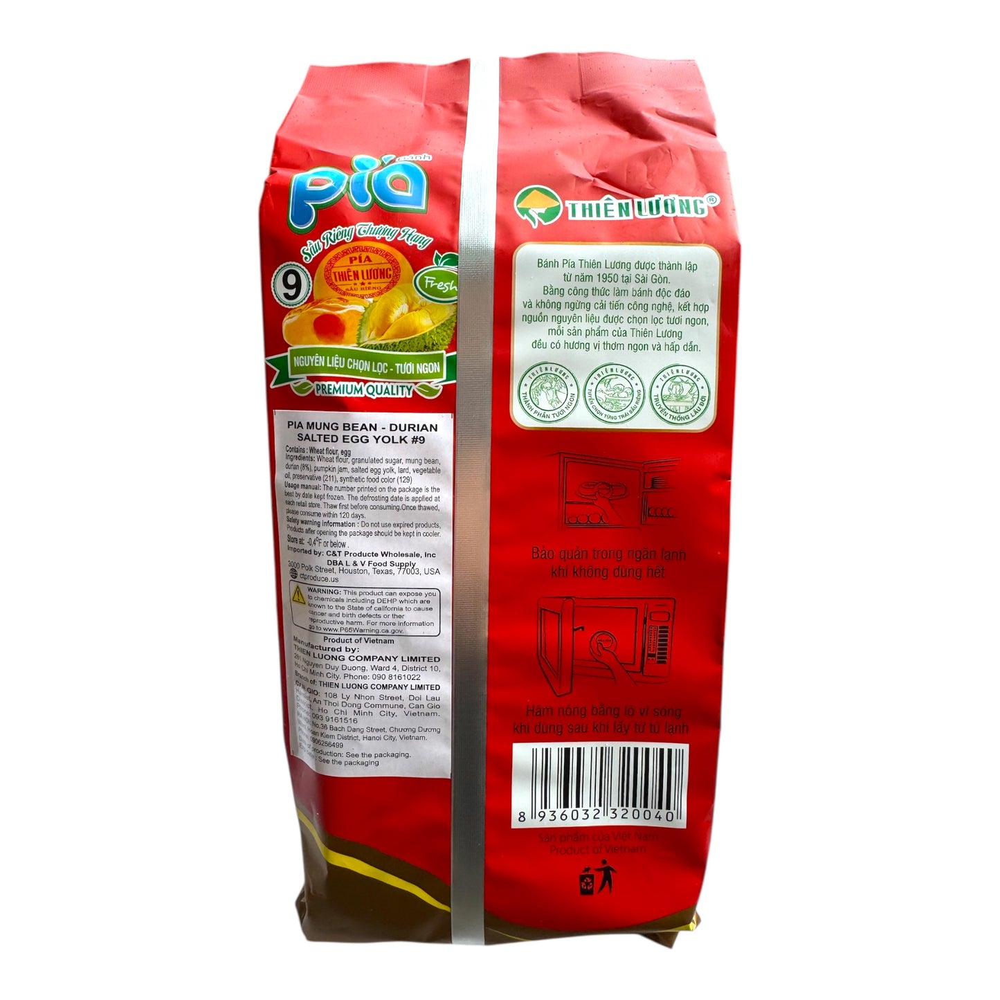 Thien Luong Premium Durian Mung Bean Salted Egg Yolk Pia Cake/Banh Pia Sau Rieng Dau Xanh Trung Muoi (9 Pcs)