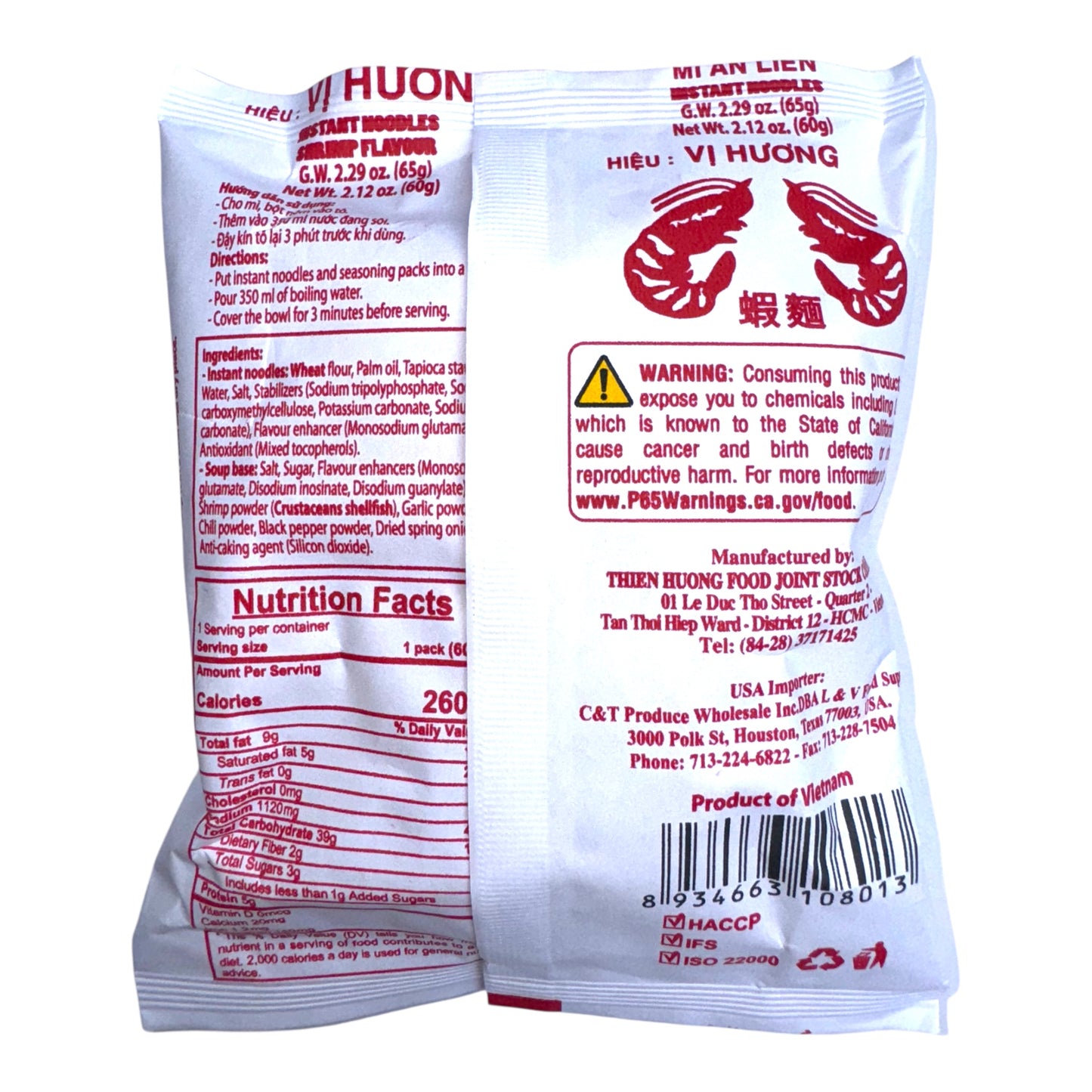 Vi Huong - Shrimp Flavor Instant Noodle - Combo 10 pack x 60g