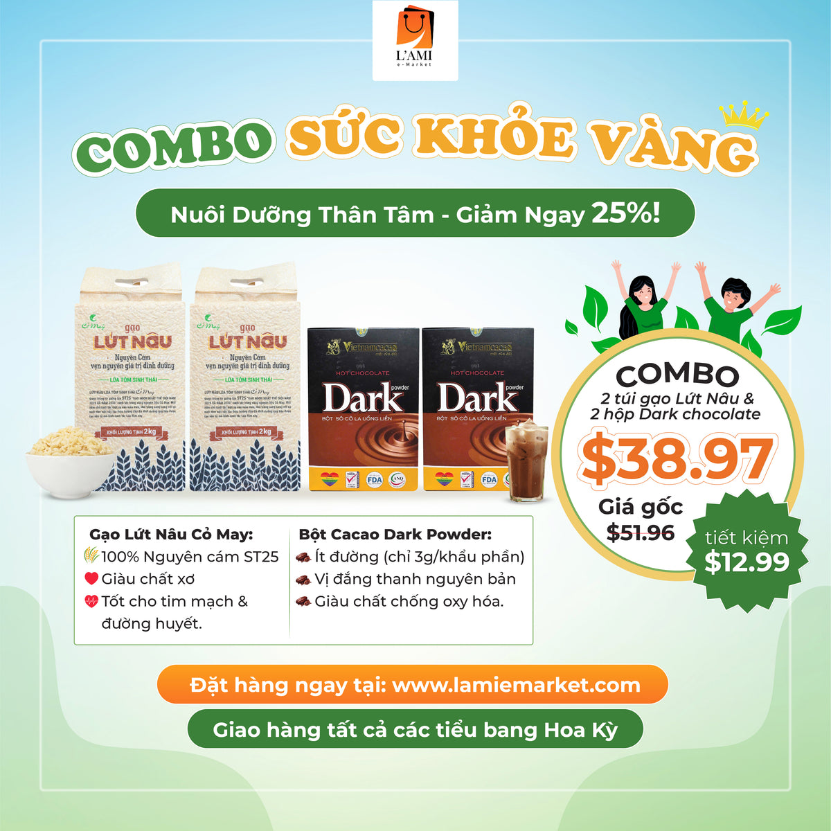 Golden Health Combo: 2 Premium ST25 Brown Rice & 2 Dark Hot Chocolate Powder