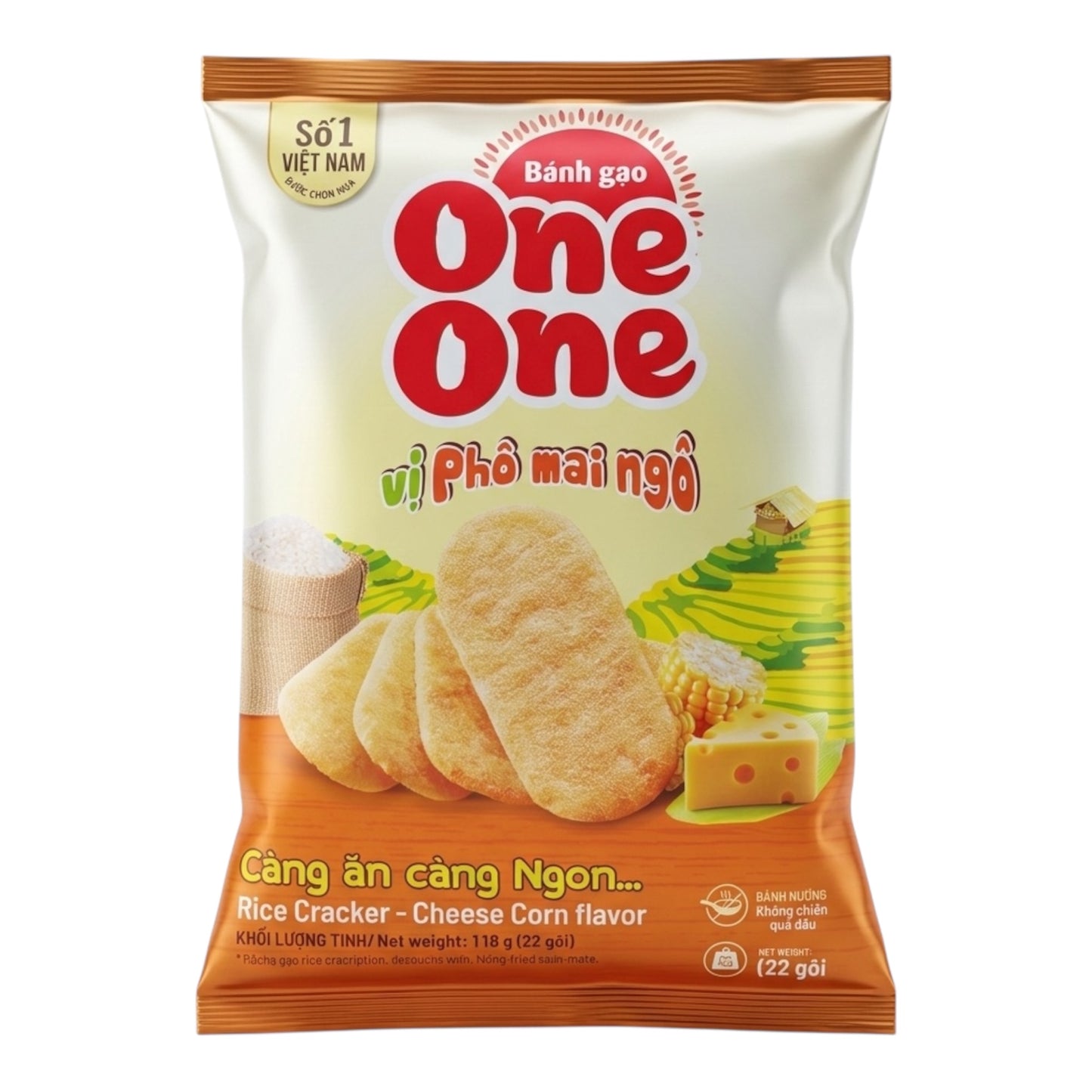 One One Cheese Corn Rice Cracker/Banh Gao Vi Pho Mai - 118g (22 packs)