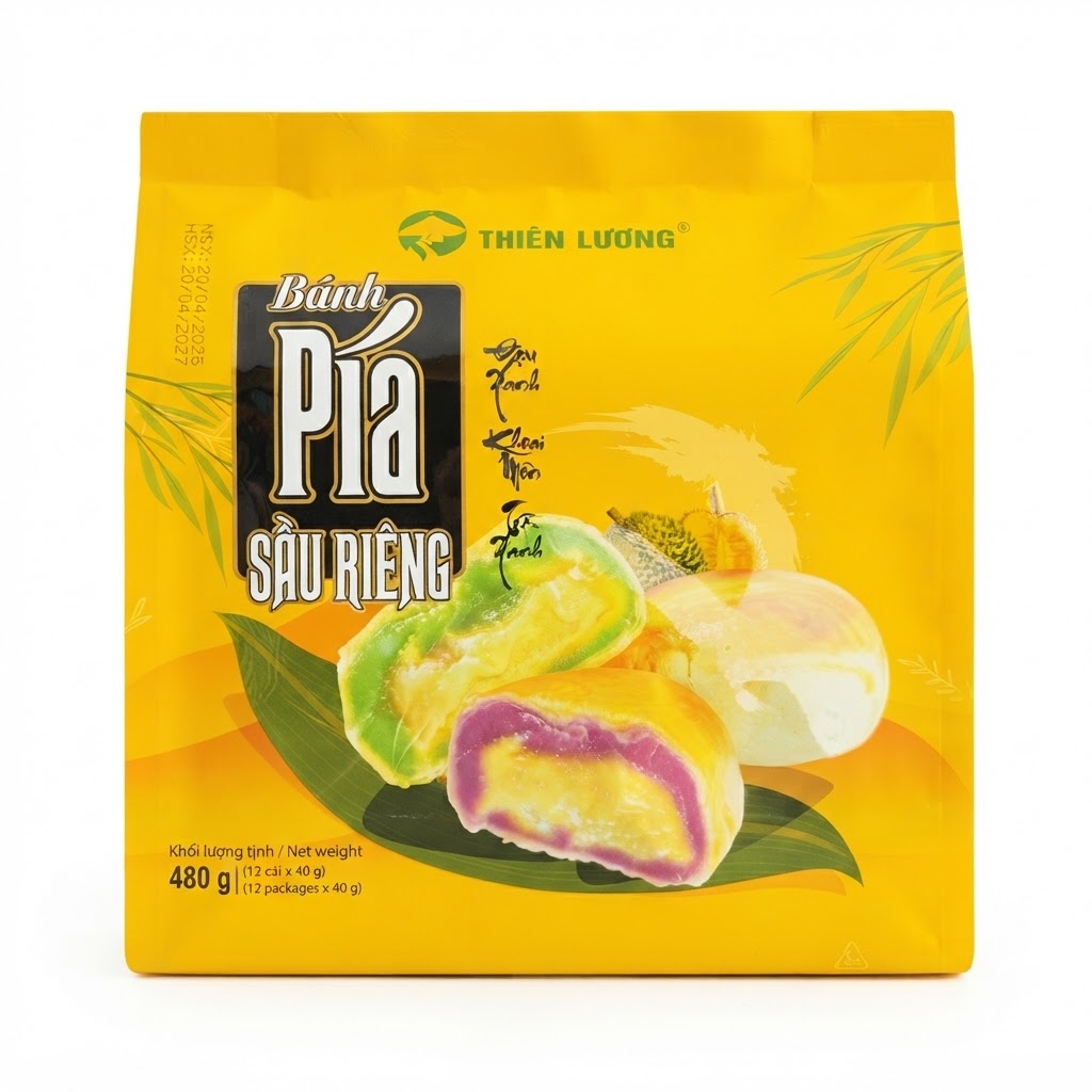 Thien Luong Assorted Pía Cake (Mung Bean, Green Tea, Taro-Durian) – 480g (12 packages x 40g)