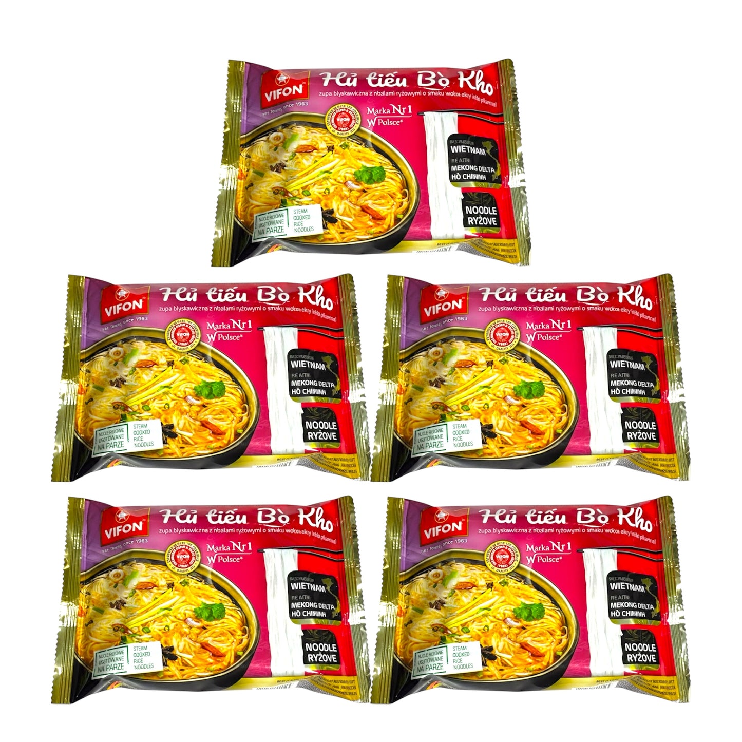 Vifon-Vietnamese Style Rice Noodles Artificial Stewed Beef Flavor/Hu Tieu Bo Kho 65g (2.29 Oz)-Pack of 5 1 each