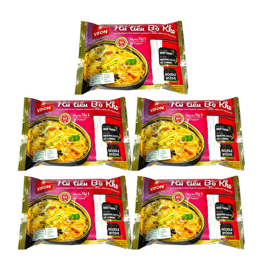 Vifon-Vietnamese Style Rice Noodles Artificial Stewed Beef Flavor/Hu Tieu Bo Kho 65g (2.29 Oz)-Pack of 5 1 each