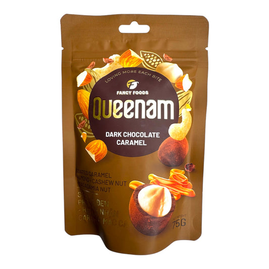 Queennam - Dark Chocolate Coated Caramel Almond & Cashew & Macadamia Nut/Socola den phu caramel hanh nhan, hat dieu, mac ca – 2.64 oz (75 g)