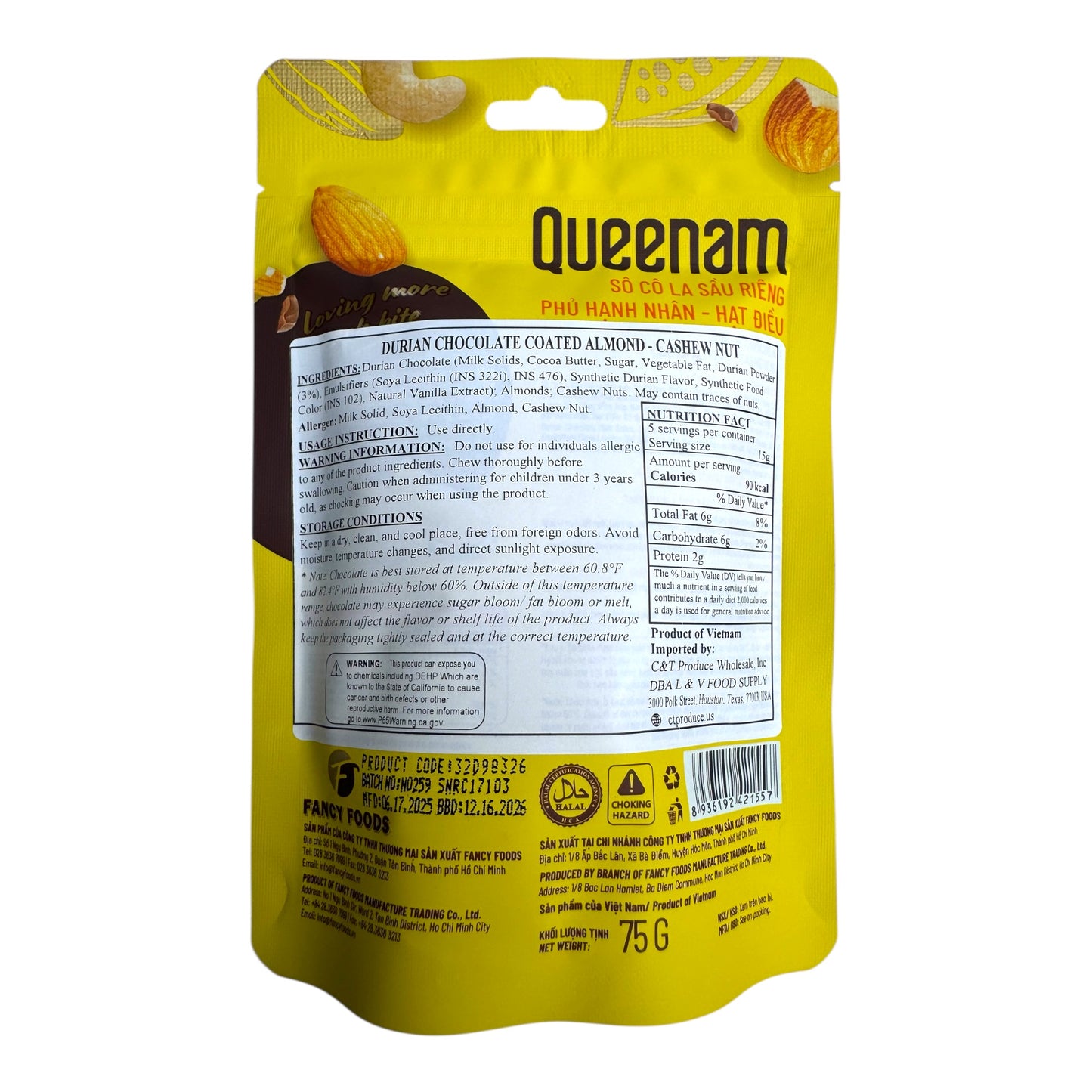 Queennam - Durian Chocolate Coated Almond & Cashew Nut/Socola sau rieng phu hat hanh nhan, hat dieu – 2.64 oz (75 g)